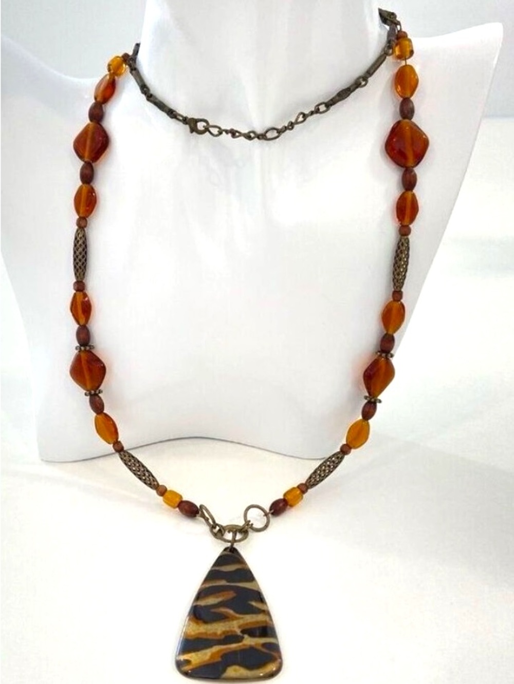 Vintage Y2K Tortoiseshell Pendant Necklace With Amber-Tone Glass Beads & Brass C